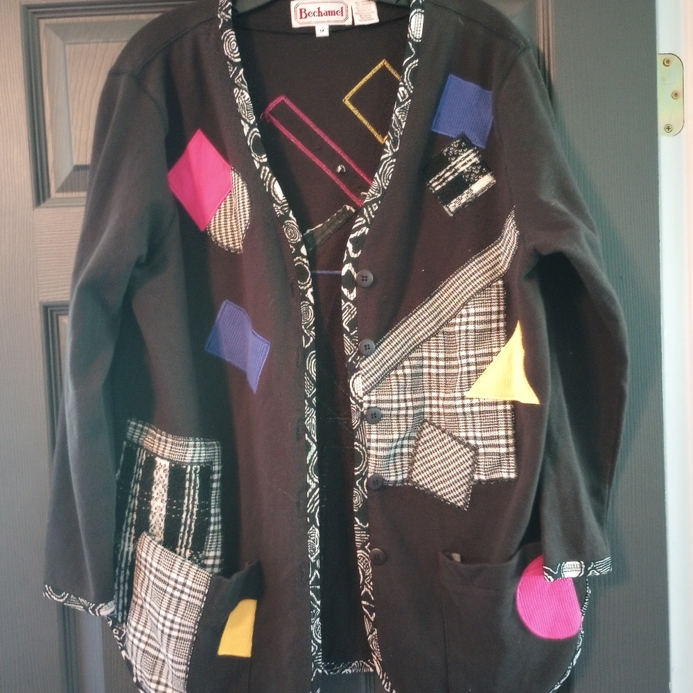 Bechamel 90s Folk Abstract Oversized Patchwork Cardigan Sweater W/ Pockets  VTG